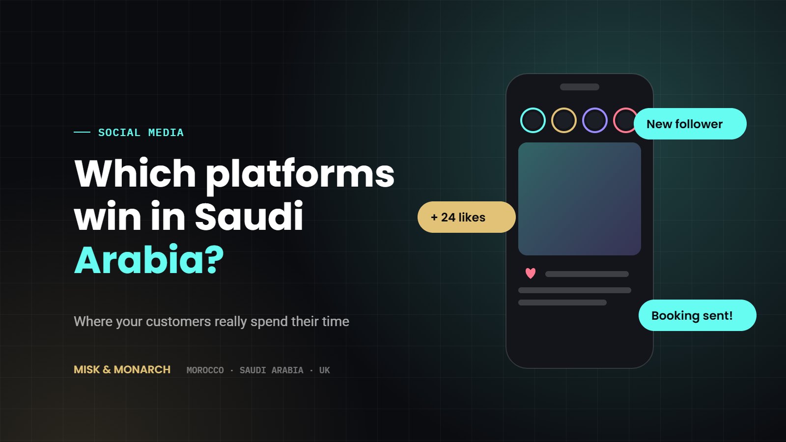 Which social media platforms win in Saudi Arabia: illustration of a phone with social posts and messages